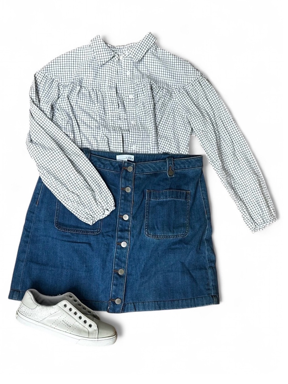 Loft Classic Button-Front Denim Mini Skirt with Pockets